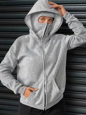 Men's Zip-Up Hoodie with Integrated Face Cover - Grey